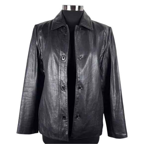 ANNE KLEIN Y2K 90S BLACK LAMBSKIN LEATHER CLASSIC CASUAL RELAXED FIT JACKET - Picture 5 of 14